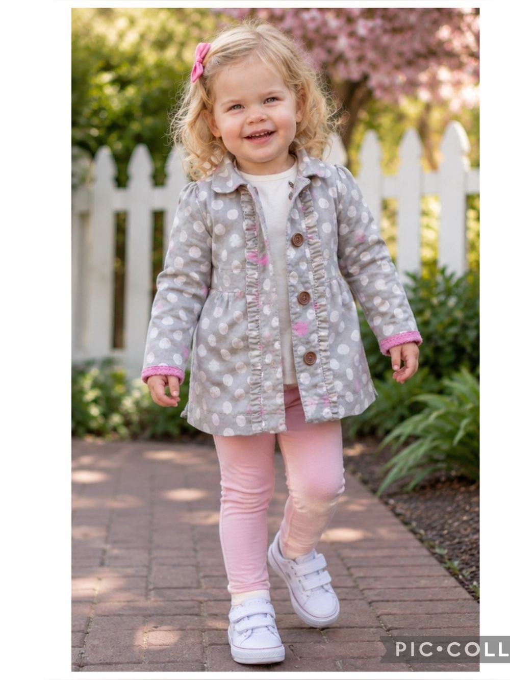 Genuine Kids OshKosh Girls 3T Gray Pink Polka Dot Ruffle Jacket Bow Back